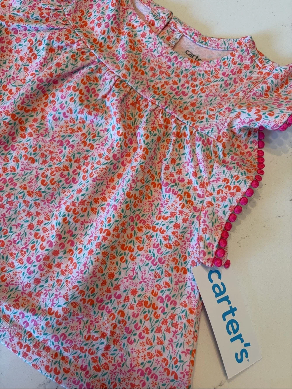Carter's Pink Floral Pom-Trim Flutter Sleeve Top